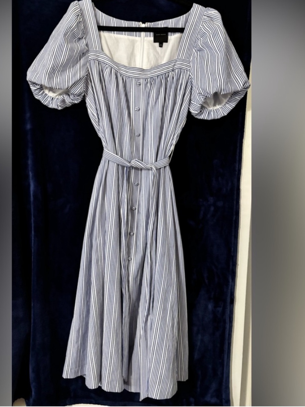 Alex Marie Logan Blue White Stripe Puff Sleeve Midi Dress 14